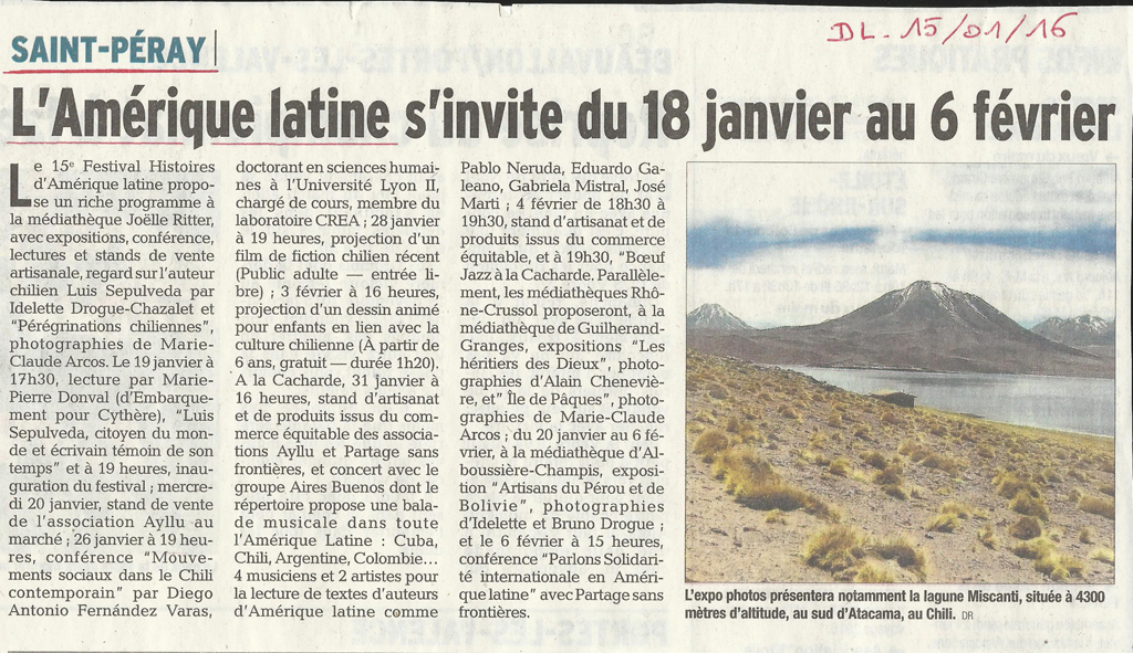 15 eme dition semaine "Histoires d'Amrique latine" de Saint-Pray en ardche avec l'association Ayllu et Partage sans Frontires - la presse - article du Dauphin libr