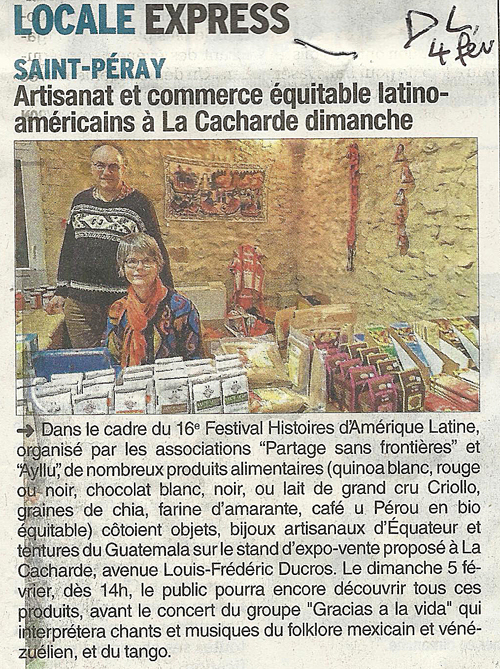 16 eme édition semaine "Histoires d'Amérique latine" de Saint-Péray en ardèche avec l'association Ayllu et Partage sans Frontières - la presse - article du Dauphiné libéré